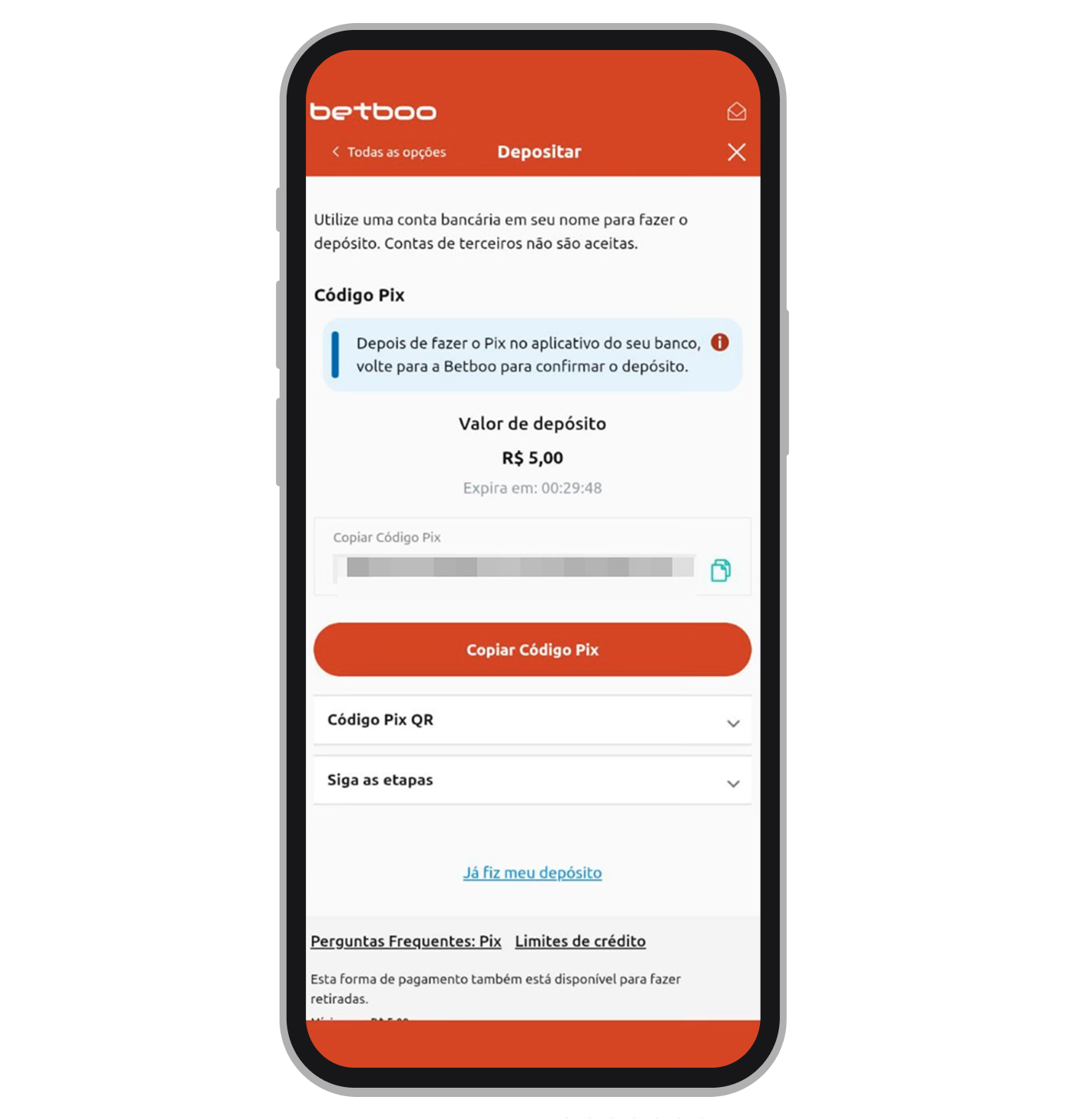 Copie a chave Pix e utilizar seu app bancário para pagamento 