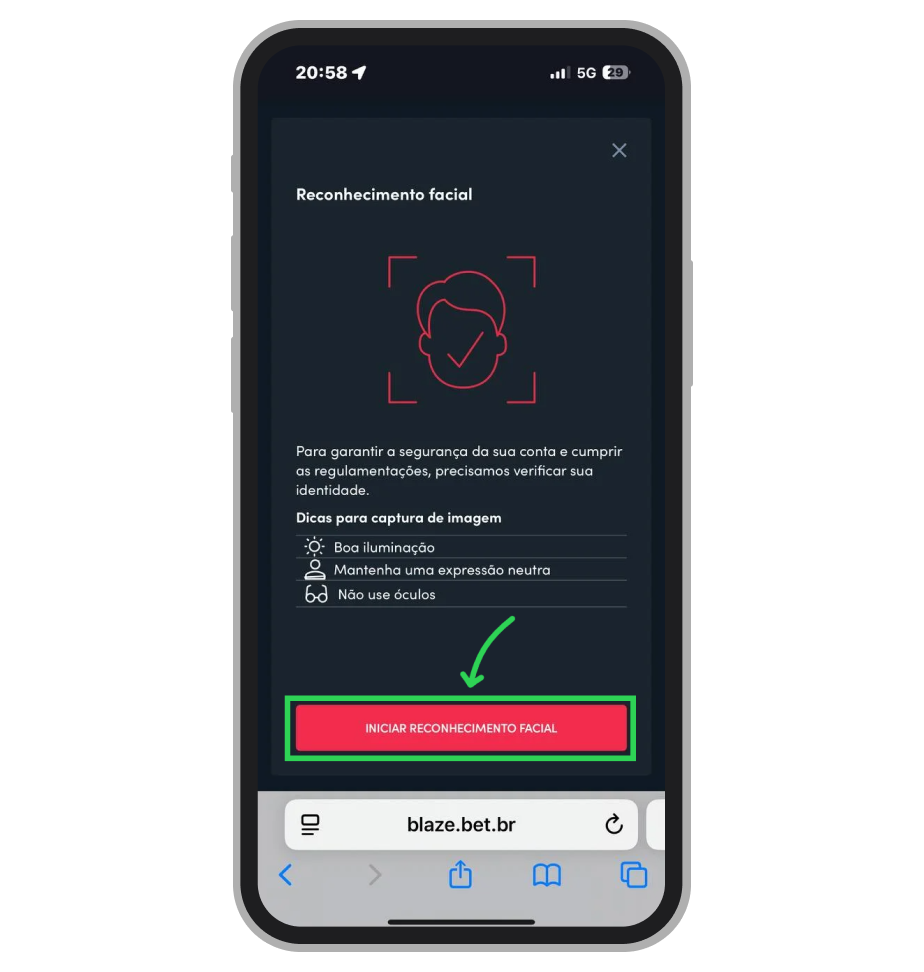 Clique para iniciar o reconhecimento facial, etapa obrigatória para validar a segurança da sua conta