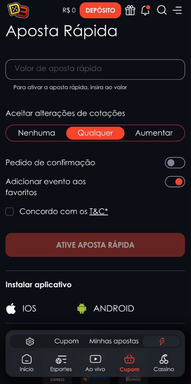 Você pode configurar apostas rápida no cupom