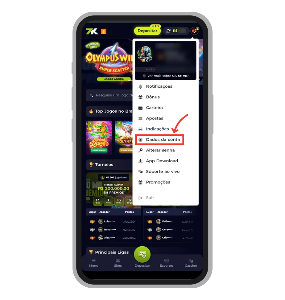 Clique em “Dados da conta” 