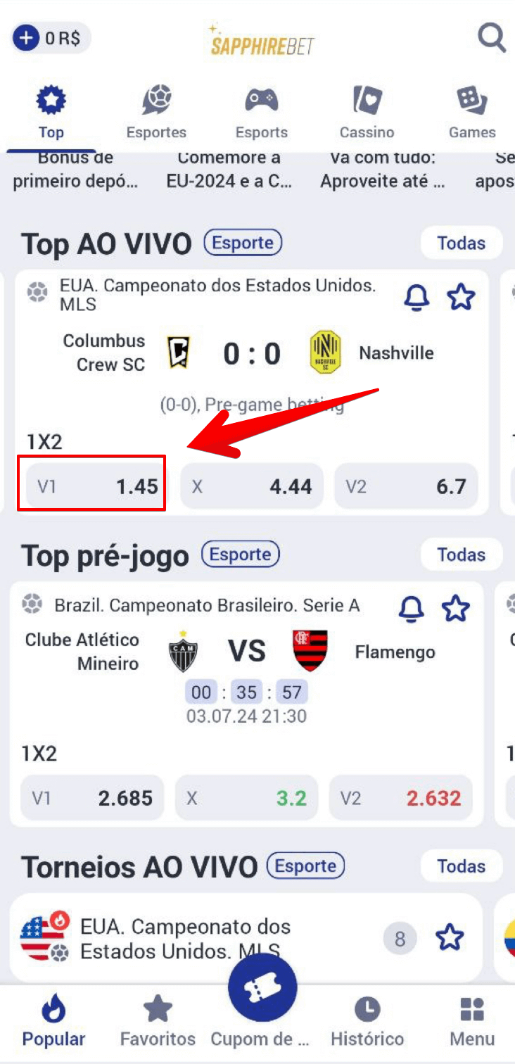 Escolhe um esporte SapphireBet e clique no resultado desejavel