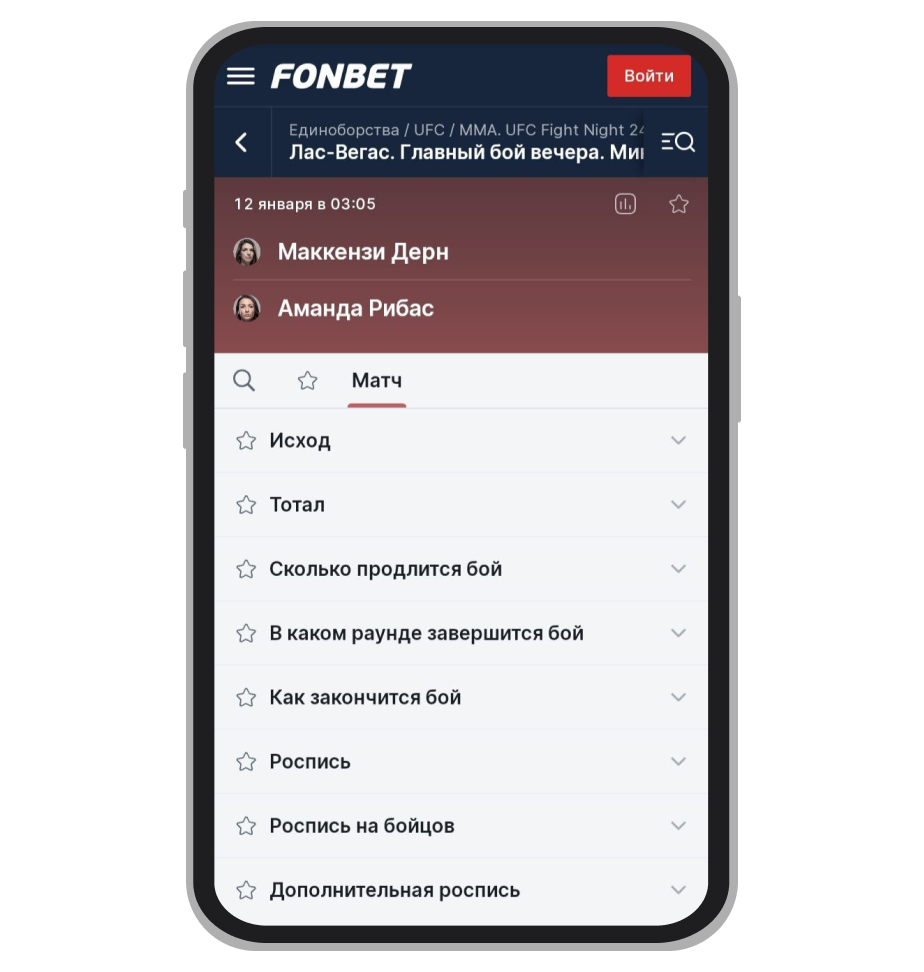 Роспись основного боя в Fonbet