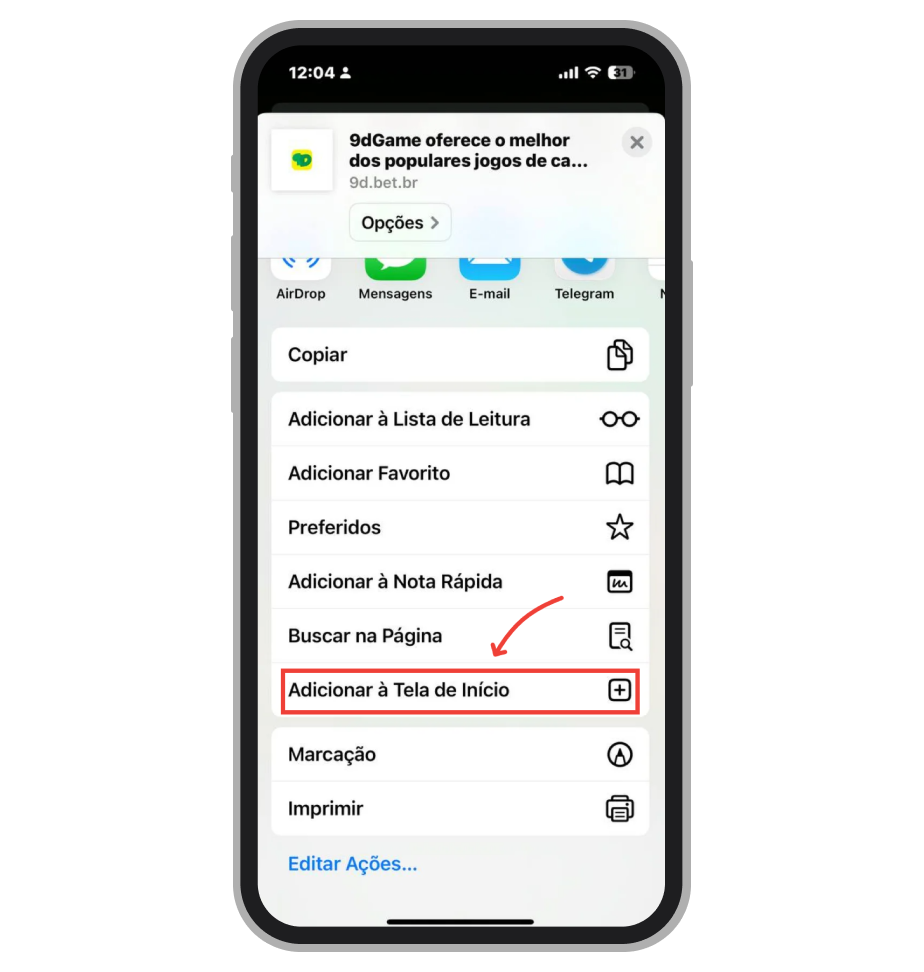 Opte por “Adicionar à Tela de Inicio” 