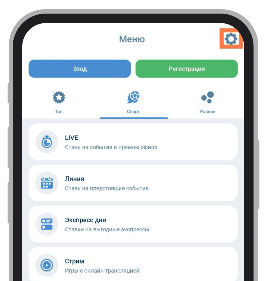 Кнопка «Настройки» в главном меню
