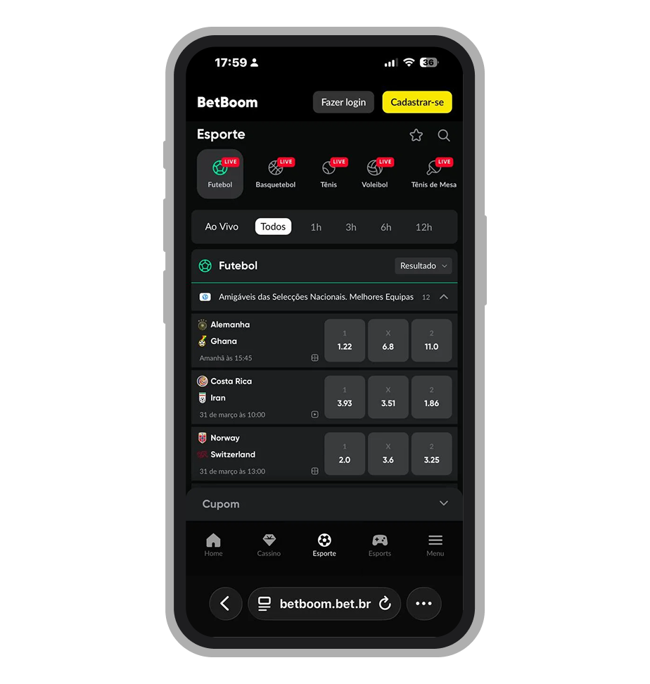 Oferta de apostas esportivas da BetBoom