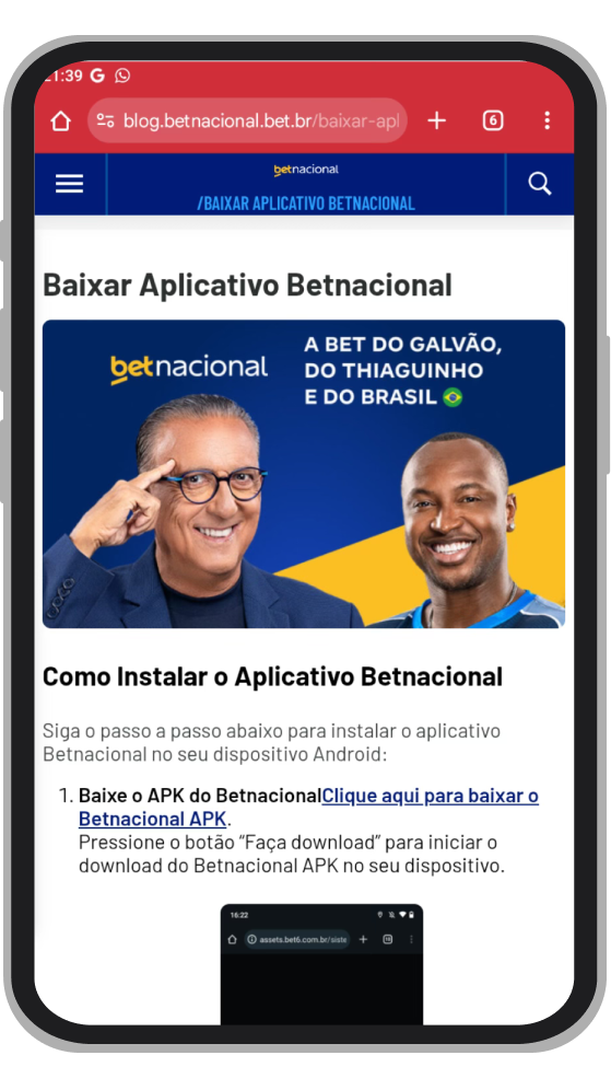 Para instalar o aplicativo da Betnacional precisa baixar o arquivo .apk