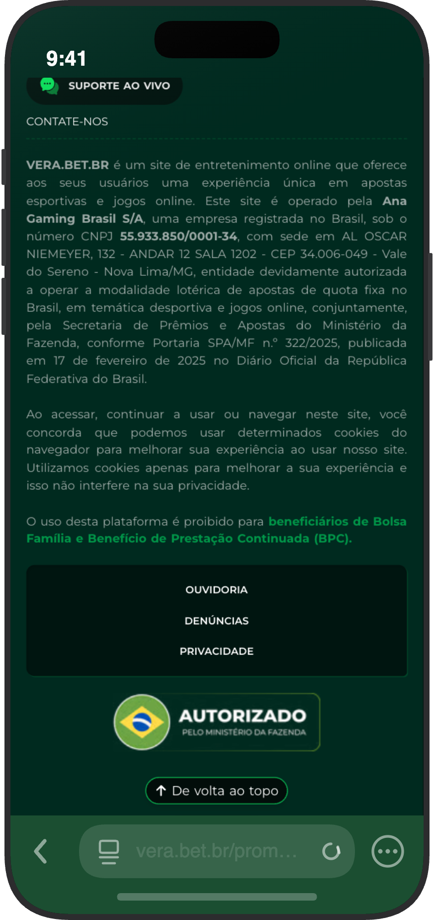 Rodapé da Vera.bet com dados da ANA Gaming Brasil e selo de autorização do Ministério da Fazenda