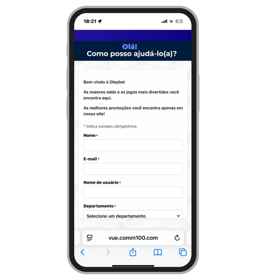 Antes de poder acessar o chat ao vivo é necessário preencher o formulário