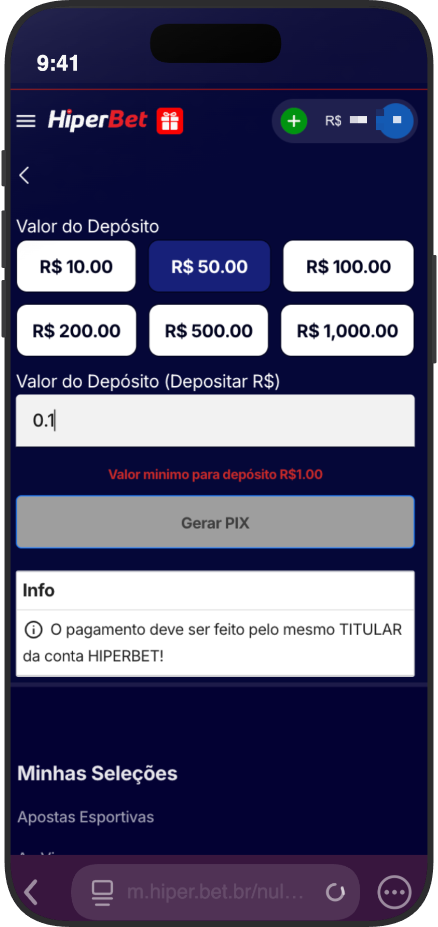 Tela de depósito via Pix na HiperBet com valor mínimo de R$ 1 e botão Gerar PIX 
