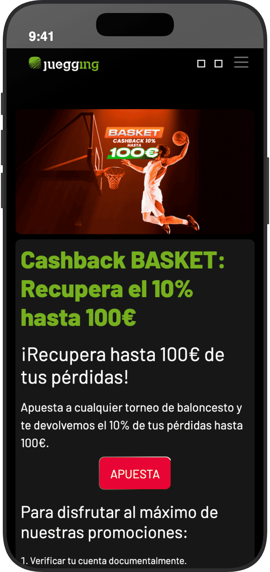 Cashback de Juegging en apuestas de baloncesto con devolución del 10 por ciento hasta 100 euros