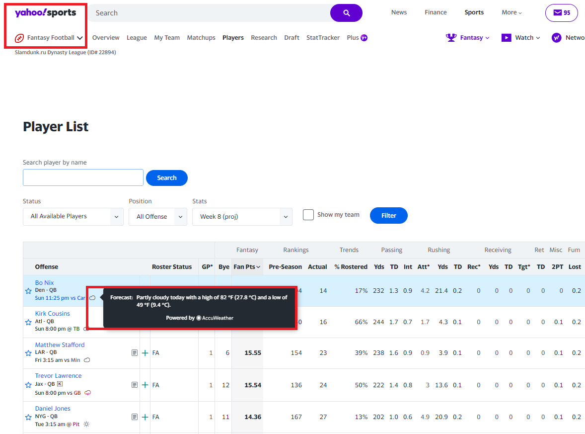 Прогноз погоды и новости игроков на Yahoo Fantasy