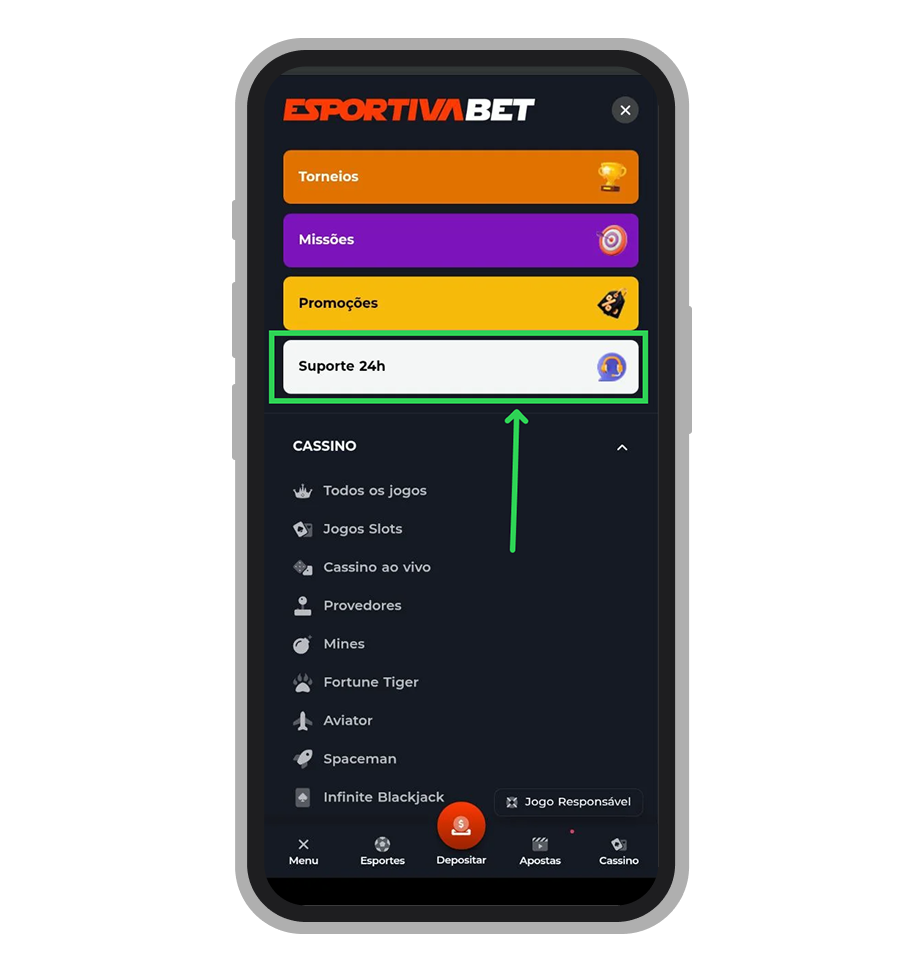 No menu principal do app escolha “Suporte 24h”