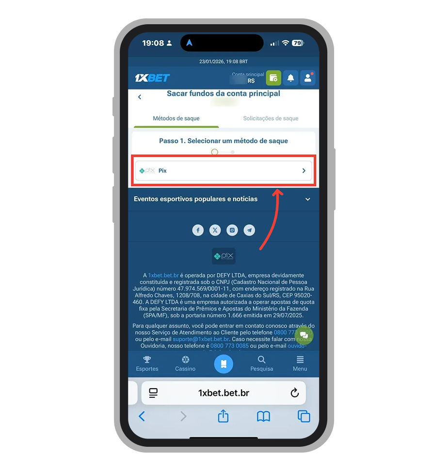 Escolha o Pix como método de saque no aplicativo 1xBet