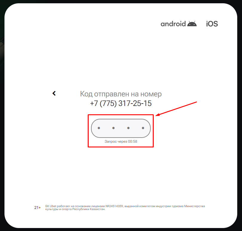 Окно для кода из СМС