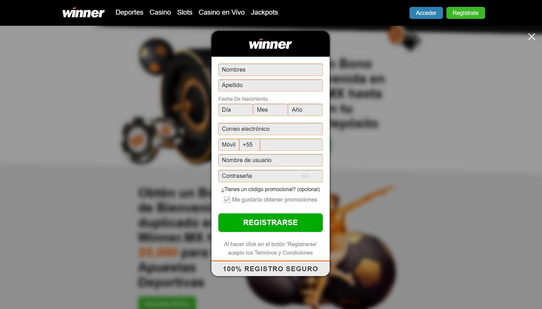 Formulario de registro Winner