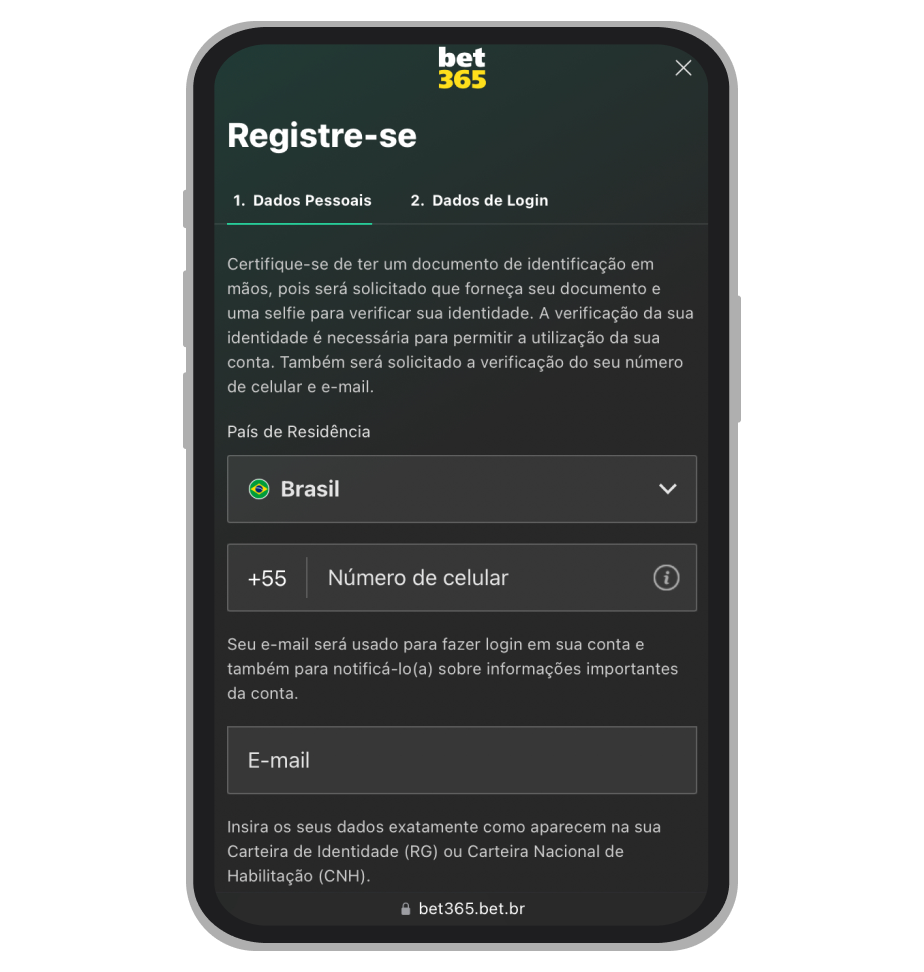 Formulário de registro na Bet365