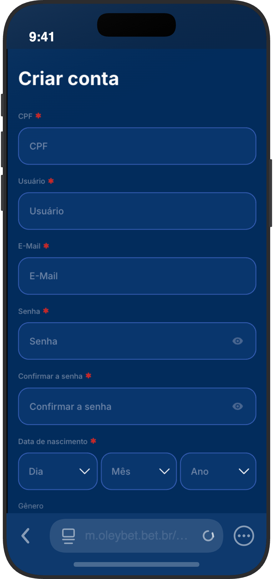 Formulário de cadastro do cassino OleyBet com campos de CPF e-mail e senha