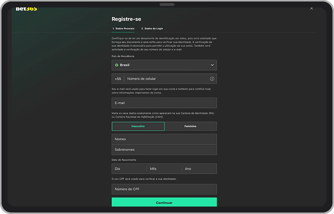 Preencha o formulário de cadastro da Bet365