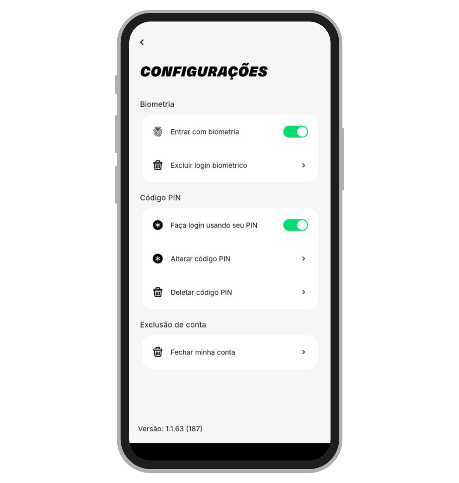 Configurações de login por biometria 