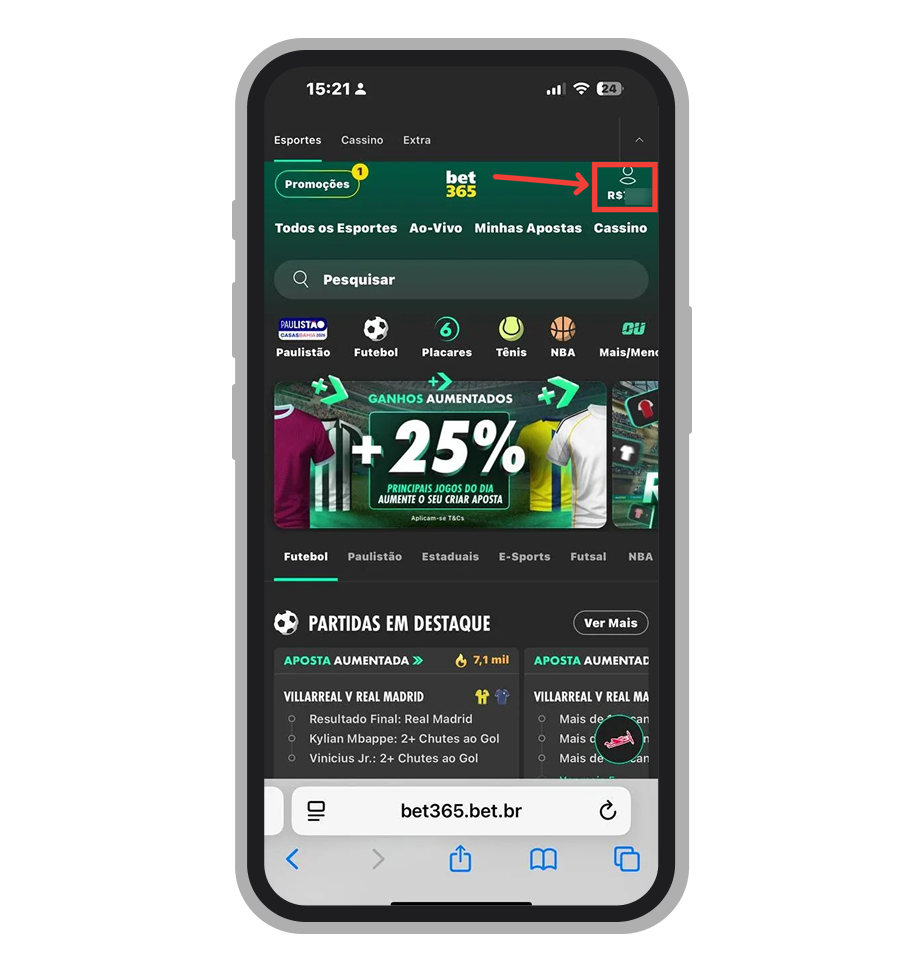 Acesse o menu da Bet365