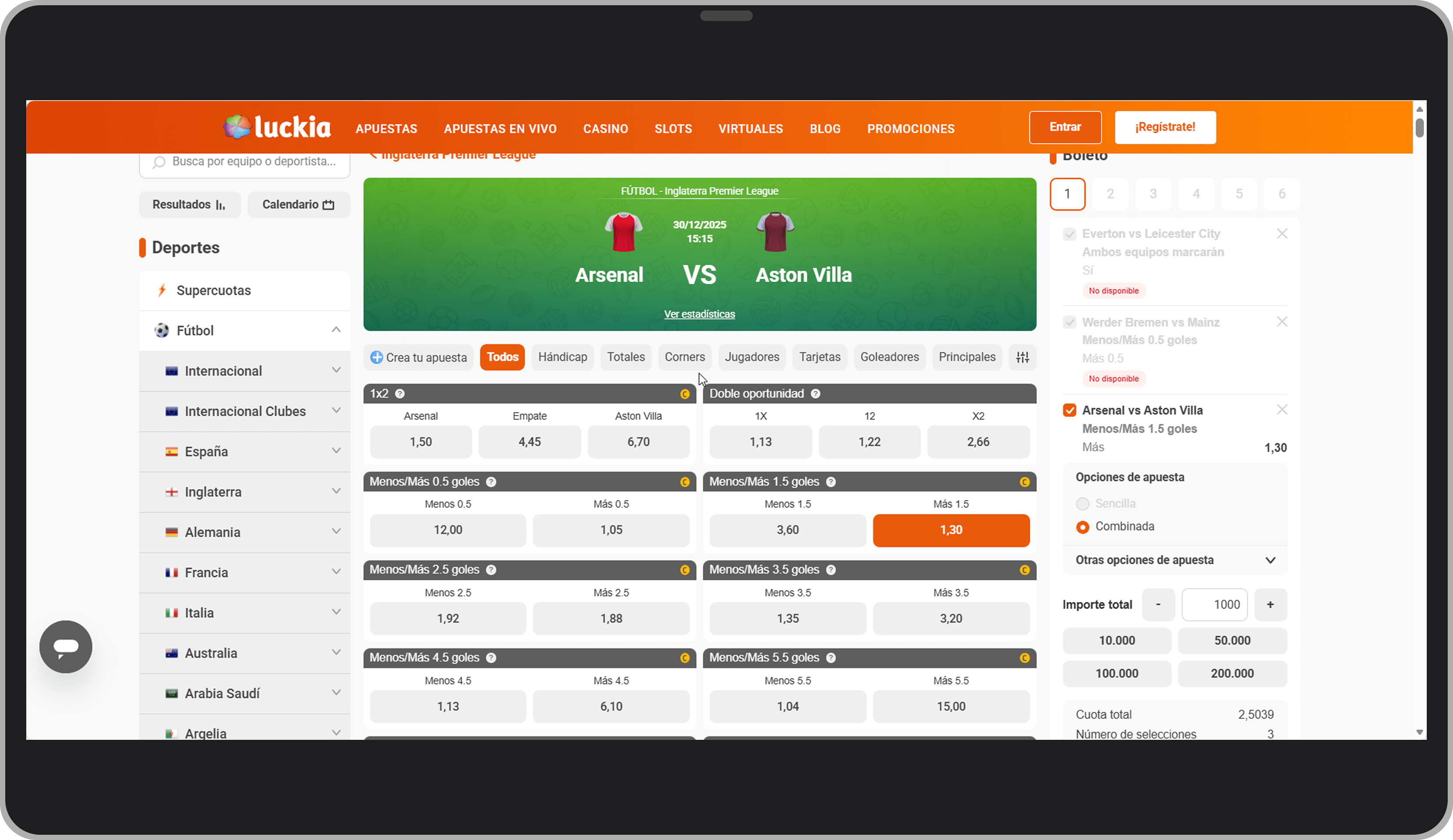 Menos/más de 1,5 goles en Luckia
