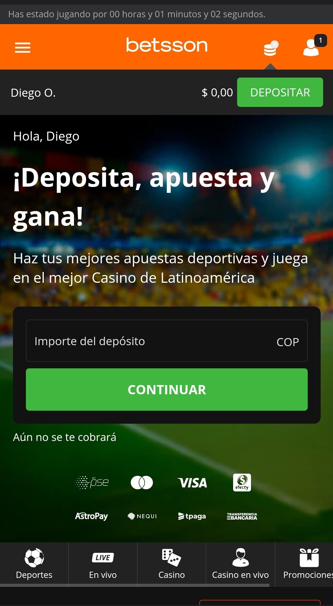 Página de inicio, Betsson móvil