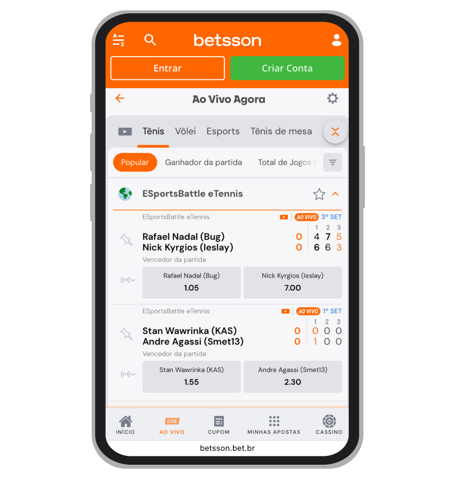 Seção de apostas ao vivo