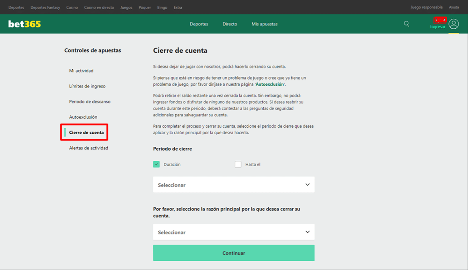 Sección ‘Cierre de cuenta’