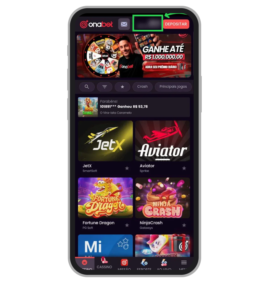 Toque no saldo/valor da conta no canto superior direito da tela