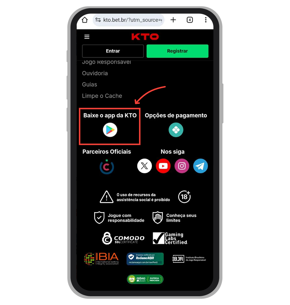 Toque no banner de Google Play no rodapé do site da KTO 
