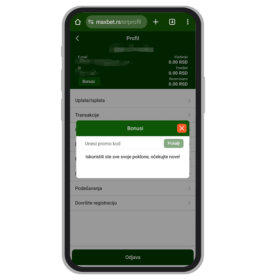 Upisivanje promotivnog koda tokom registracije na MaxBet