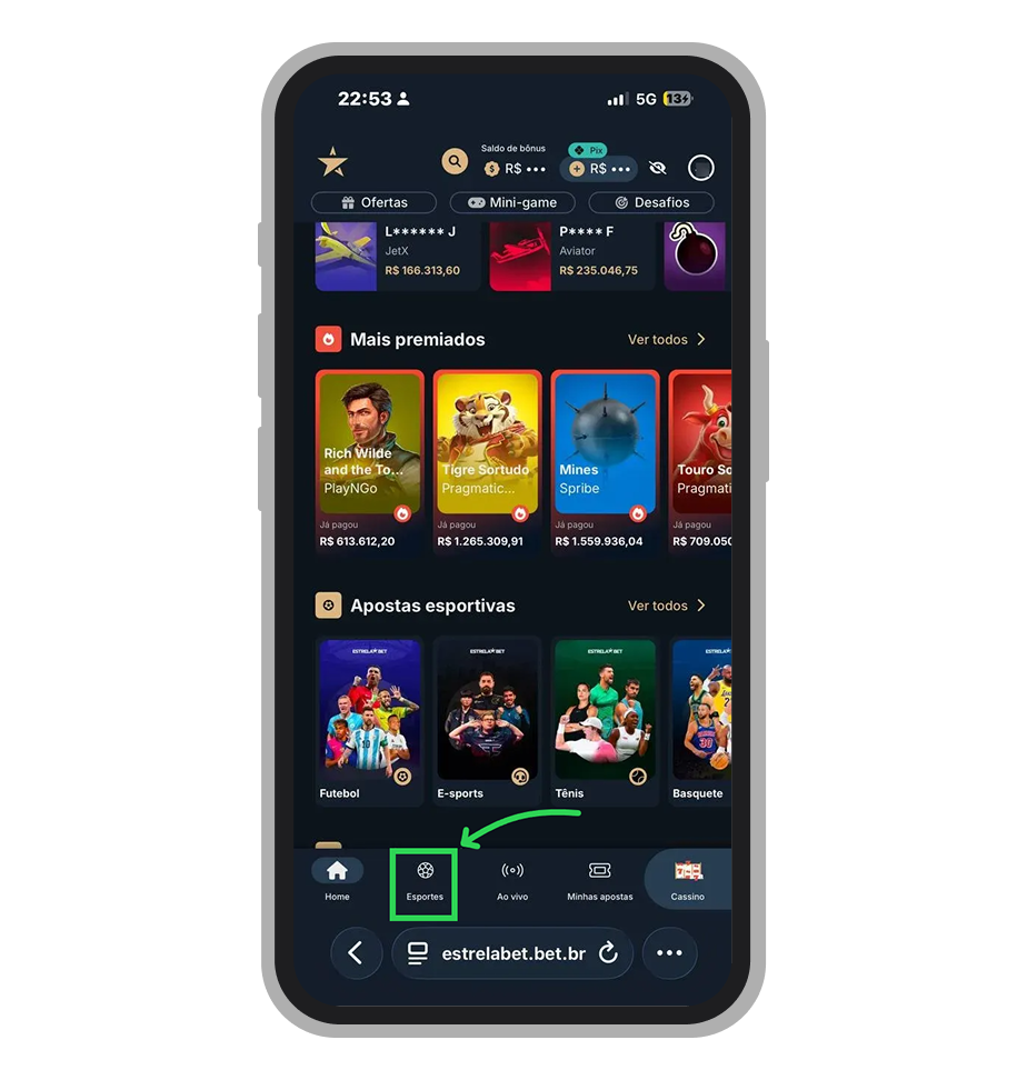 Na tela inicial selecione a aba Esportes