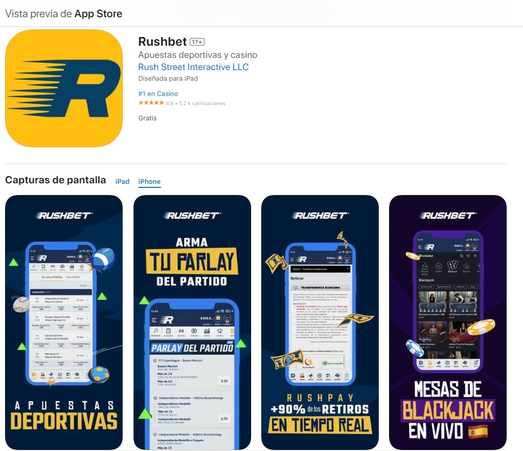 Página de aplicación móvil de Rushbet Colombia en App Store (versión iOS)