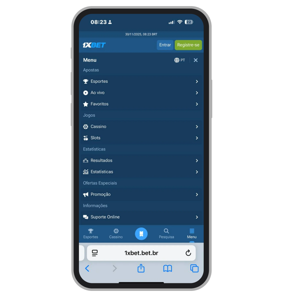 Menu lateral da 1xBet