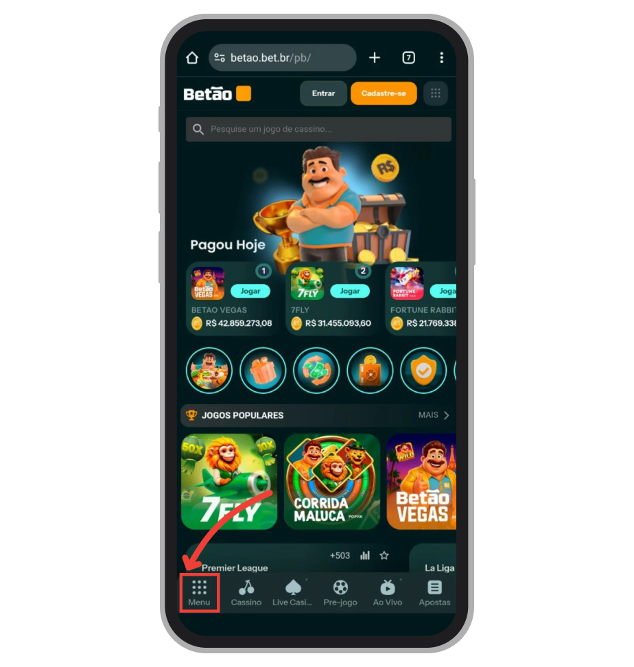 No site da Betão, toque em “Menu”