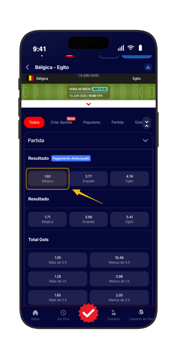 Toque na odd desejada para adicionar ao cupom — no exemplo, Bélgica vs Egito na HiperBet