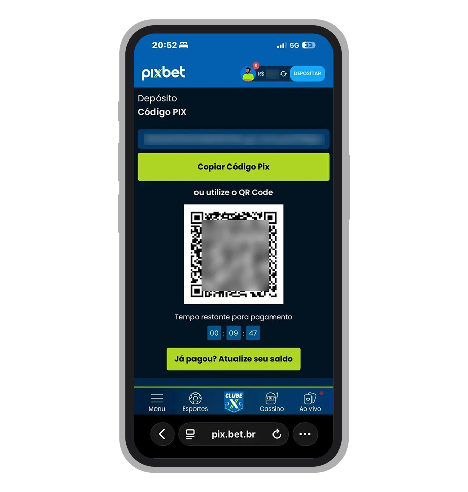 QR code de depósito gerado pela Pixbet com botão de copiar chave Pix e temporizador