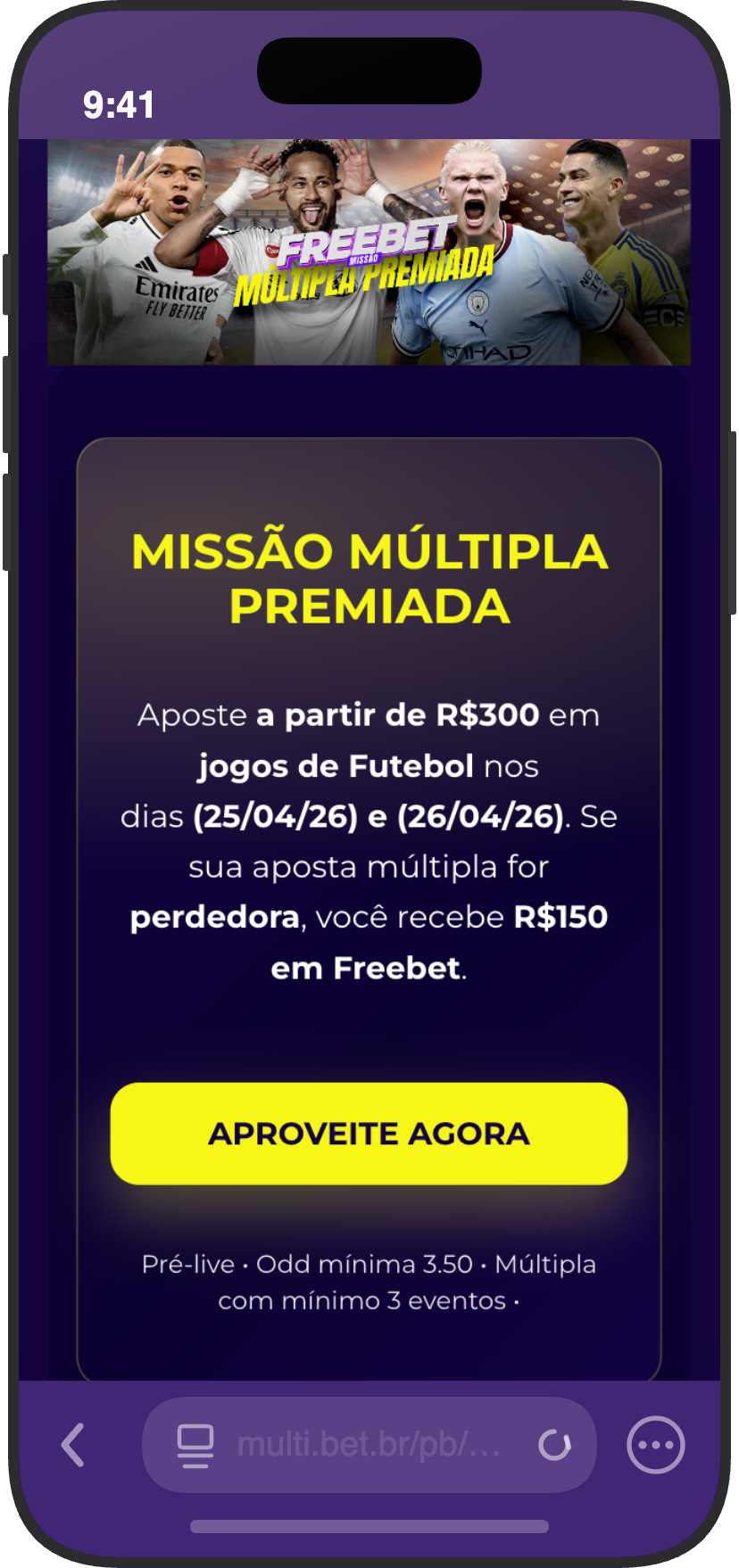 Promoção Missão Múltipla Premiada com freebet de R$ 150 para apostas a partir de R$ 300
