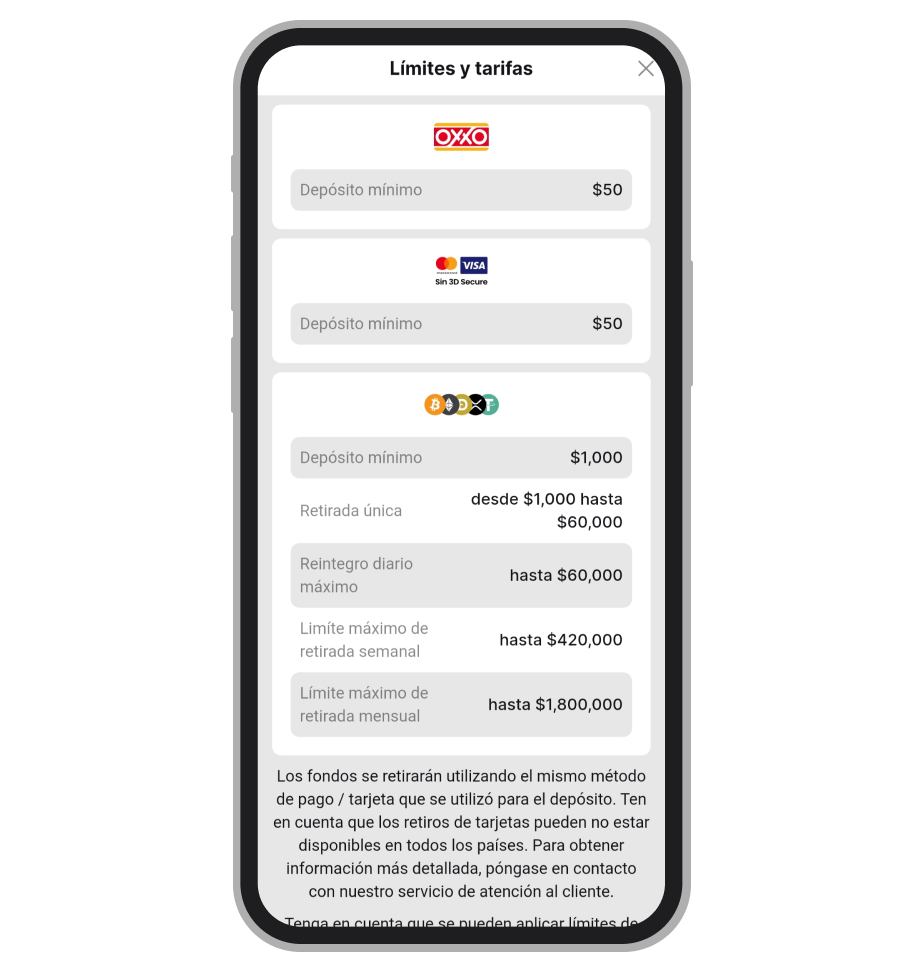 Sección de depósitos App Betmaster