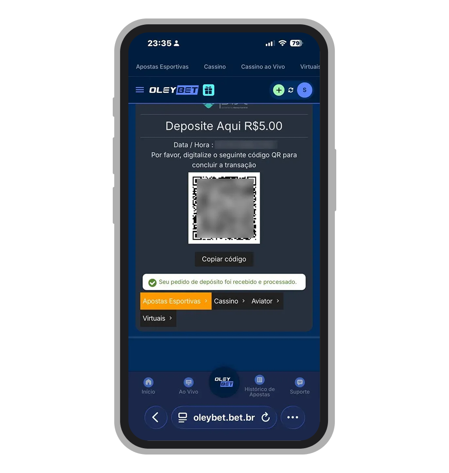 QR Code gerado pela OleyBet para pagamento via Pix Copia e Cola