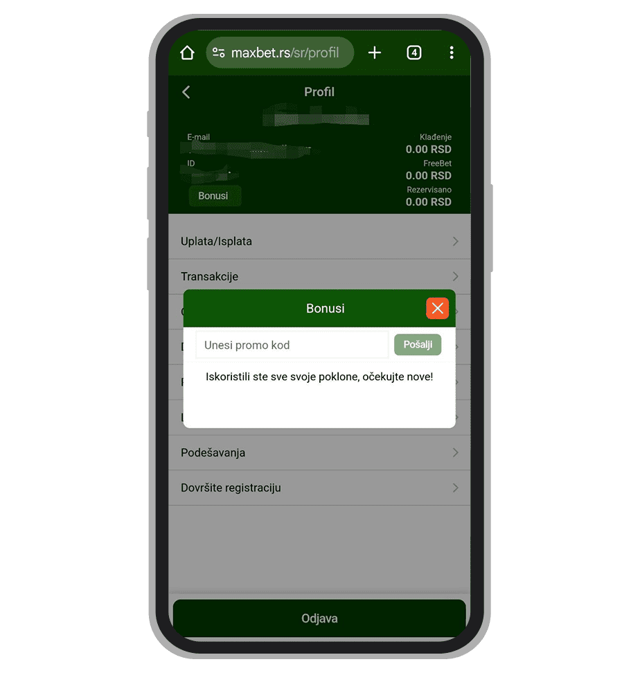 Upisivanje promotivnog koda tokom registracije na MaxBet