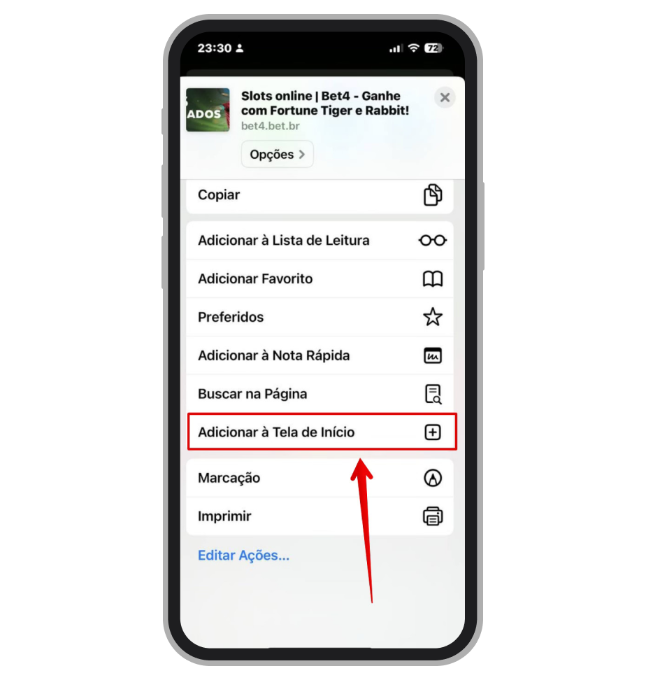 No menu opte por Adicionar à Tela de Início