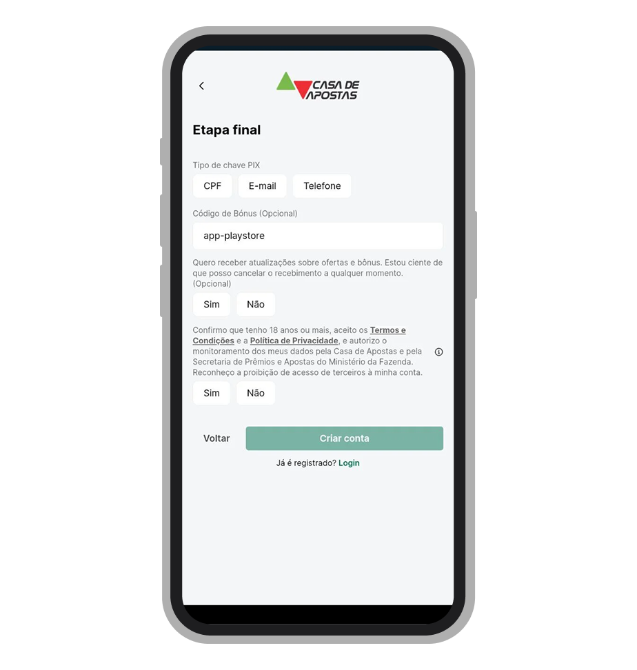 Escolha o tipo de chave Pix que deseja vincular