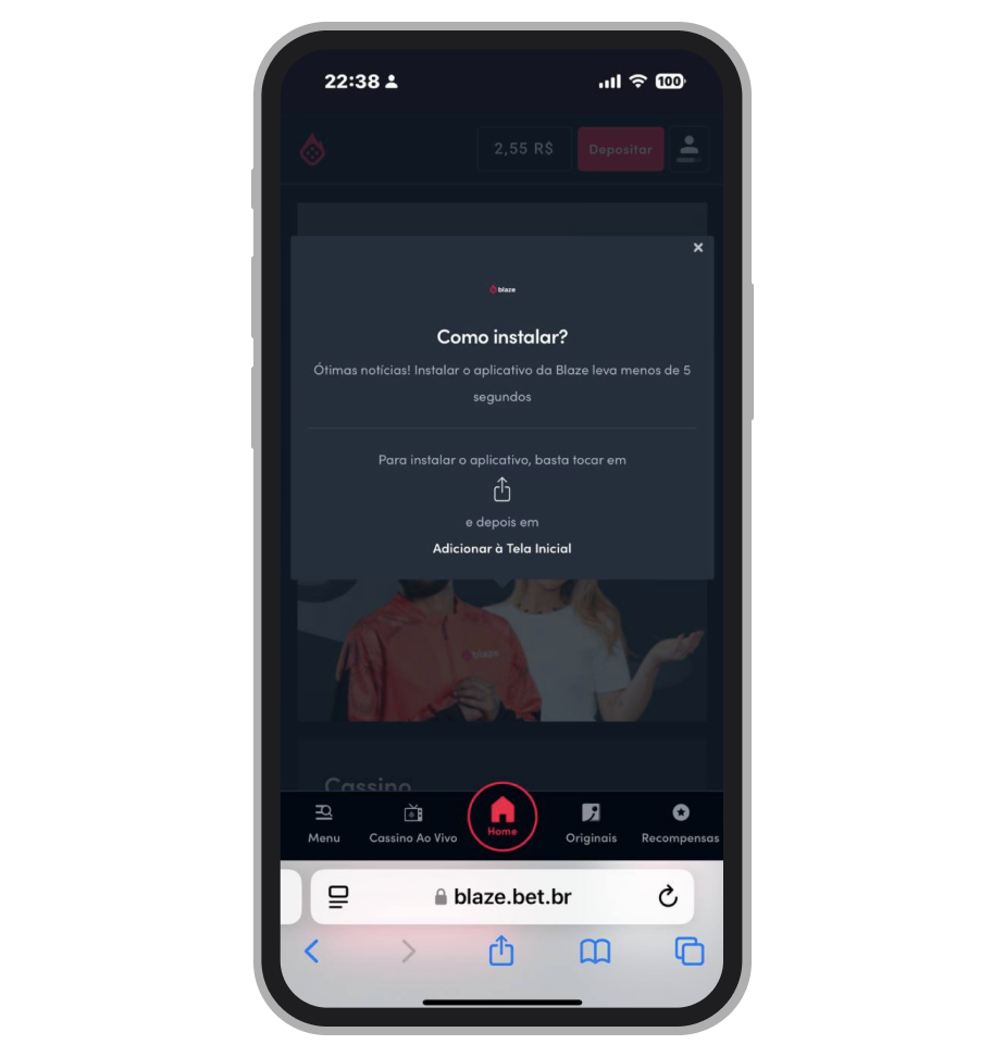 A instrução para criar um atalho é exibida no iPhone ao acessar via iOS
