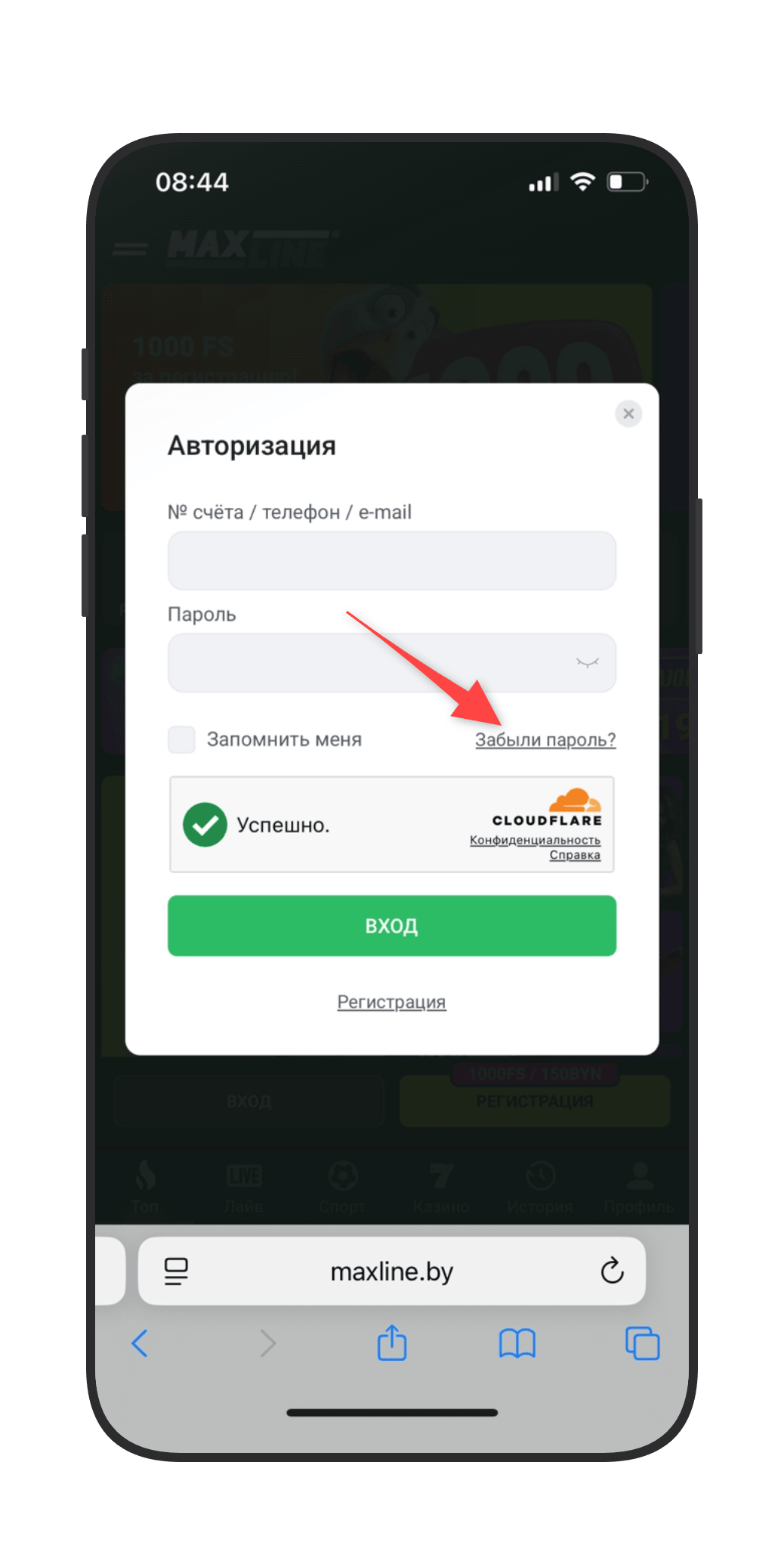 Кнопка «Забыли пароль?»