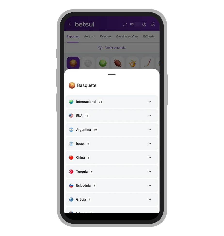 Navegação entre esportes e campeonatos