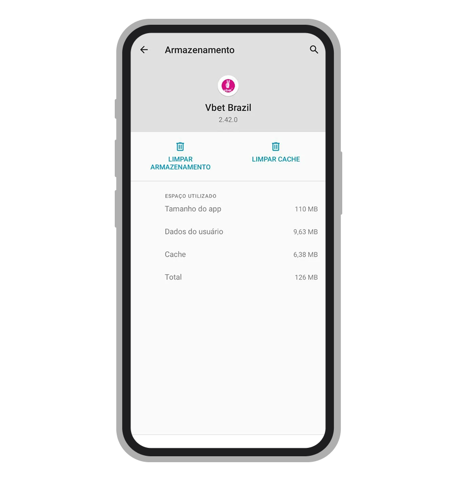 Tamanho do aplicativo Vbet é de 110MB mais cache e dados de usuário