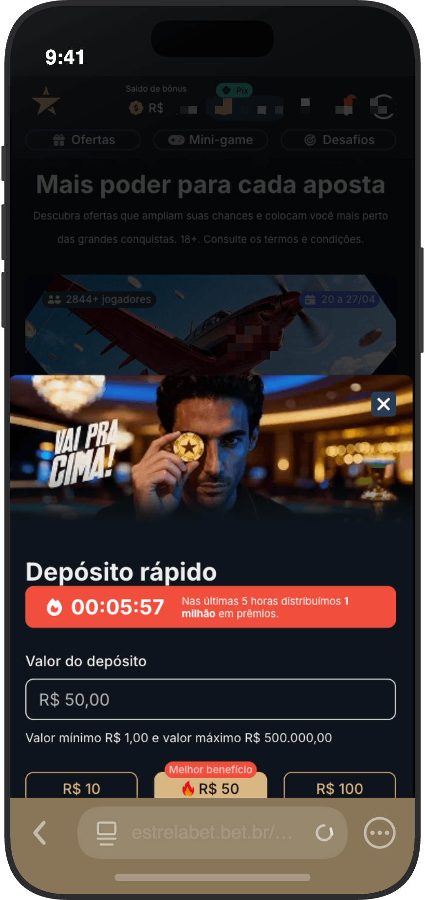 Tela de depósito rápido via Pix na EstrelaBet com valor mínimo de R$ 1