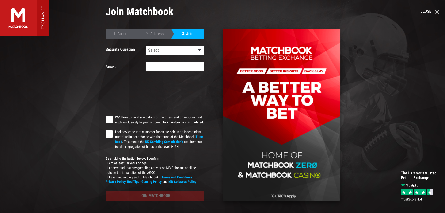 How to complete the account registration process at Matchbook