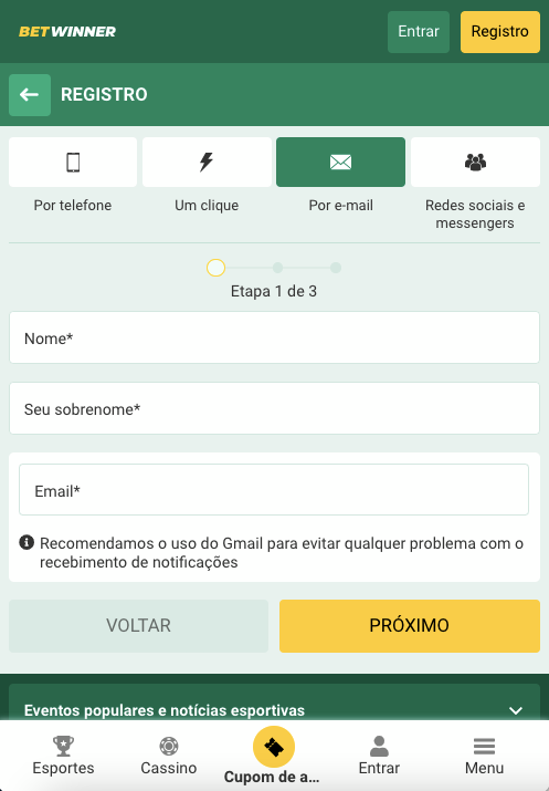 Criação de perfil por e-mail